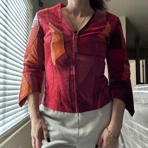 Vintage Wilsons Leather Suede Patchwork Leather Jacket Zip Front Sz L Red Orange